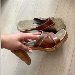 Brown bakers heels square toe mule heels patchwork bratz wood wooden